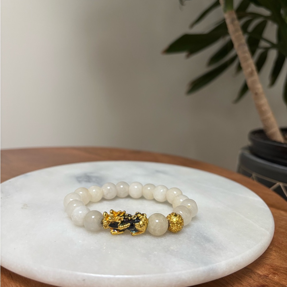 Thai Jade Beaded Bracelet with Gold Dragon Charm